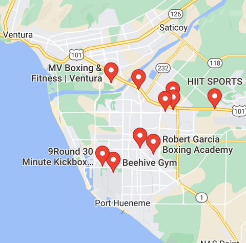 Google maps showing location where MMA gyms are located